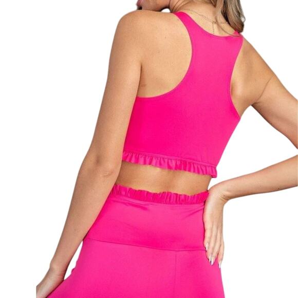 143 Story Lizzy Two Piece Hot Pink Ruffle High Waist Legging Crop Tank Set - Picture 3 of 16